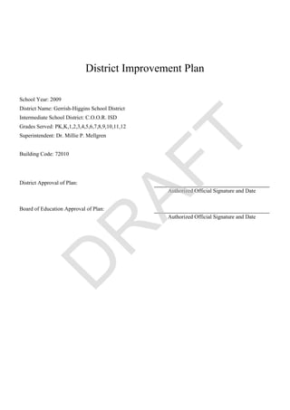District Improvement Plan

School Year: 2009
District Name: Gerrish-Higgins School District
Intermediate School District: C.O.O.R. ISD
Grades Served: PK,K,1,2,3,4,5,6,7,8,9,10,11,12
Superintendent: Dr. Millie P. Mellgren


Building Code: 72010




District Approval of Plan:
                                                 Authorized Official Signature and Date


Board of Education Approval of Plan:
                                                 Authorized Official Signature and Date
 