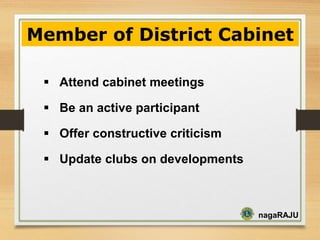 nagaRAJU
Attend cabinet meetings
Be an active participant
Offer constructive criticism
Update clubs on developments
Member of District Cabinet