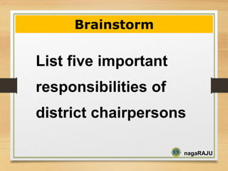 nagaRAJU
List five important
responsibilities of
district chairpersons
Brainstorm