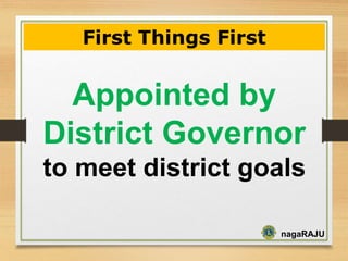 nagaRAJU
Appointed by
District Governor
to meet district goals
First Things First
