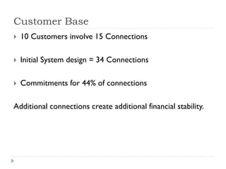 Customer Base
   10 Customers involve 15 Connections

   Initial System design = 34 Connections

   Commitments for 44% of connections

Additional connections create additional financial stability.
 