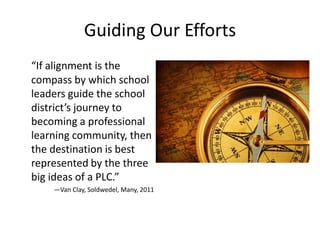 Guiding Our Efforts
“If alignment is the
compass by which school
leaders guide the school
district’s journey to
becoming a professional
learning community, then
the destination is best
represented by the three
big ideas of a PLC.”
    —Van Clay, Soldwedel, Many, 2011
 