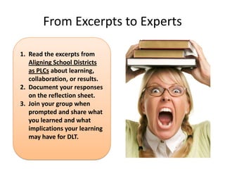 From Excerpts to Experts

1. Read the excerpts from
   Aligning School Districts
   as PLCs about learning,
   collaboration, or results.
2. Document your responses
   on the reflection sheet.
3. Join your group when
   prompted and share what
   you learned and what
   implications your learning
   may have for DLT.
 