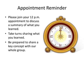 Appointment Reminder
• Please join your 12 p.m.
  appointment to discuss
  a summary of what you
  learned.
• Take turns sharing what
  you learned.
• Be prepared to share a
  key concept with our
  whole group.
 