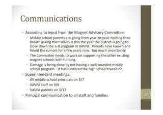 Communications
• According to input from the Magnet Advisory Committee:
  • Middle school parents are going from year-to-year, holding their
    breath asking themselves is this the year the district is going to
    close down the 6-8 program at VAVPA. Parents have known and
    heard the rumors for a few years now. Too much uncertainty.
  • The Committee needs to work on supporting the other existing
    magnet schools with funding.
  • Damage is being done by not having a well-rounded middle
    school program – it has hindered the high school transition.
• Superintendent meetings:
  • All middle school principals on 3/7
  • VAVPA staff on 3/8
  • VAVPA parents on 3/12
• Principal communication to all staff and families                      17
 