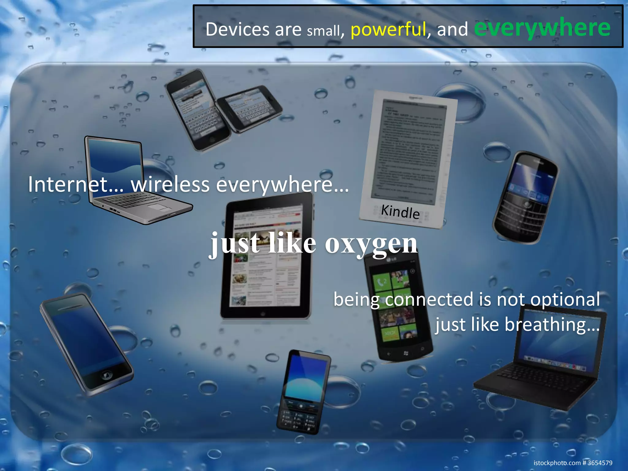 Devices are small, powerful, and everywhereInternet… wireless everywhere… just like oxygenbeing connected is not optionaljust like breathing…Kindleistockphoto.com # 3654579