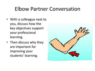 Elbow Partner Conversation
• With a colleague next to
  you, discuss how the
  key objectives support
  your professional
  learning.
• Then discuss why they
  are important for
  improving your
  students’ learning.
 