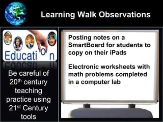 Learning Walk Observations
•
Be careful of
20th century
teaching
practice using
21st Century
tools
Posting notes on a
SmartBoard for students to
copy on their iPads
Electronic worksheets with
math problems completed
in a computer lab
 