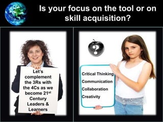Is your focus on the tool or on
skill acquisition?
•
Let’s
complement
the 3Rs with
the 4Cs as we
become 21st
Century
Leaders &
Learners
Critical Thinking
Communication
Collaboration
Creativity
 