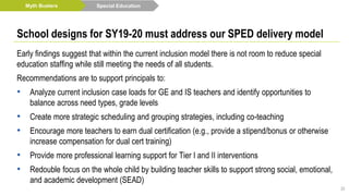 School designs for SY19-20 must address our SPED delivery model
Early findings suggest that within the current inclusion model there is not room to reduce special
education staffing while still meeting the needs of all students.
Recommendations are to support principals to:
• Analyze current inclusion case loads for GE and IS teachers and identify opportunities to
balance across need types, grade levels
• Create more strategic scheduling and grouping strategies, including co-teaching
• Encourage more teachers to earn dual certification (e.g., provide a stipend/bonus or otherwise
increase compensation for dual cert training)
• Provide more professional learning support for Tier I and II interventions
• Redouble focus on the whole child by building teacher skills to support strong social, emotional,
and academic development (SEAD)
Special EducationMyth Busters
20
 