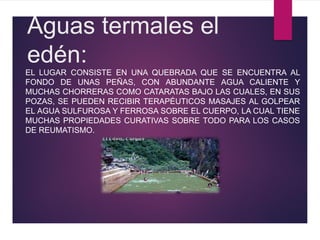 Aguas termales el
edén:
EL LUGAR CONSISTE EN UNA QUEBRADA QUE SE ENCUENTRA AL
FONDO DE UNAS PEÑAS, CON ABUNDANTE AGUA CALIENTE Y
MUCHAS CHORRERAS COMO CATARATAS BAJO LAS CUALES, EN SUS
POZAS, SE PUEDEN RECIBIR TERAPÉUTICOS MASAJES AL GOLPEAR
EL AGUA SULFUROSA Y FERROSA SOBRE EL CUERPO, LA CUAL TIENE
MUCHAS PROPIEDADES CURATIVAS SOBRE TODO PARA LOS CASOS
DE REUMATISMO.
 