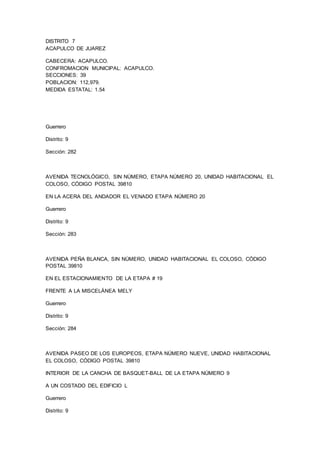 DISTRITO 7
ACAPULCO DE JUAREZ
CABECERA: ACAPULCO.
CONFROMACION MUNICIPAL: ACAPULCO.
SECCIONES: 39
POBLACION: 112,979.
MEDIDA ESTATAL: 1.54
Guerrero
Distrito: 9
Sección: 282
AVENIDA TECNOLÓGICO, SIN NÚMERO, ETAPA NÚMERO 20, UNIDAD HABITACIONAL EL
COLOSO, CÓDIGO POSTAL 39810
EN LA ACERA DEL ANDADOR EL VENADO ETAPA NÚMERO 20
Guerrero
Distrito: 9
Sección: 283
AVENIDA PEÑA BLANCA, SIN NÚMERO, UNIDAD HABITACIONAL EL COLOSO, CÓDIGO
POSTAL 39810
EN EL ESTACIONAMIENTO DE LA ETAPA # 19
FRENTE A LA MISCELÁNEA MELY
Guerrero
Distrito: 9
Sección: 284
AVENIDA PASEO DE LOS EUROPEOS, ETAPA NÚMERO NUEVE, UNIDAD HABITACIONAL
EL COLOSO, CÓDIGO POSTAL 39810
INTERIOR DE LA CANCHA DE BASQUET-BALL DE LA ETAPA NÚMERO 9
A UN COSTADO DEL EDIFICIO L
Guerrero
Distrito: 9
 