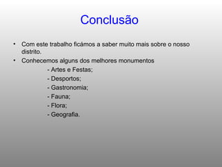 Conclusão   Com este trabalho ficámos a saber muito mais sobre o nosso distrito. Conhecemos alguns dos melhores monumentos - Artes e Festas; - Desportos; - Gastronomia; - Fauna; - Flora; - Geografia. 