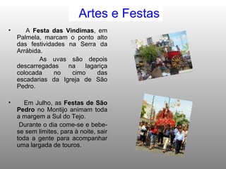 Artes e   Festas A  Festa das Vindimas , em Palmela, marcam o ponto alto das festividades na Serra da Arrábida. As uvas são depois descarregadas na lagariça colocada no cimo das escadarias da Igreja de São Pedro. Em Julho, as  Festas de São Pedro  no Montijo animam toda a margem a Sul do Tejo. Durante o dia come-se e bebe-se sem limites, para à noite, sair toda a gente para acompanhar uma largada de touros. 