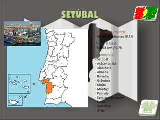 População / % total:

- 849842 habitantes /8.1%

Área / % total:

- 50664 km² / 5.7%

Municípios:

- Setúbal
- Acácer do Sal
- Alcochete
- Almada
- Barreiro
- Grândola
- Moita
- Montijo
- Palmela
- Santiago do Cacém
- Seixal
- Sesimbra
- Sines

 