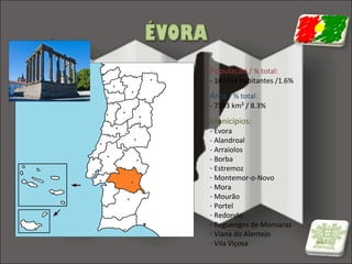 População / % total:

- 167434 habitantes /1.6%

Área / % total:

- 7393 km² / 8.3%

Municípios:

- Évora
- Alandroal
- Arraiolos
- Borba
- Estremoz
- Montemor-o-Novo
- Mora
- Mourão
- Portel
- Redondo
- Reguengos de Monsaraz
- Viana do Alentejo
- Vila Viçosa

 