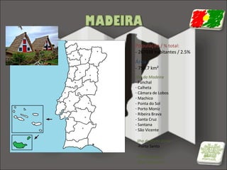 População / % total:

- 267938 habitantes / 2.5%

Área :

- 750.7 km²
Ilha da Madeira
- Funchal
- Calheta
- Câmara de Lobos
- Machico
- Ponta do Sol
- Porto Moniz
- Ribeira Brava
- Santa Cruz
- Santana
- São Vicente
Ilha de Porto Santo
-Porto Santo
Ilhas Desertas
Ilhas Selvagens

 