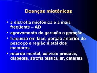 Doenças miotônicas a distrofia miotônica é a mais freqüente – AD agravamento de geração a geração fraqueza em face, porção anterior do pescoço e região distal dos membros retardo mental, calvície precoce, diabetes, atrofia testicular, catarata 