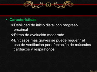• Características
Debilidad de inicio distal con progreso
proximal
Ritmo de evolución moderado
En casos mas graves se puede requerir el
uso de ventilación por afectación de músculos
cardiacos y respiratorios
 