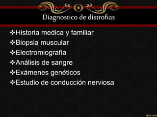 Diagnosticodedistrofias
Historia medica y familiar
Biopsia muscular
Electromiografía
Análisis de sangre
Exámenes genéticos
Estudio de conducción nerviosa
 