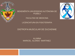BENEMÉRITA UNIVERSIDAD AUTÓNOMA DE
PUEBLA
FACULTAD DE MEDICINA
LICENCIATURA EN FISIOTERAPIA
DISTROFIA MUSCULAR DE DUCHENNE
ALUMNA
MARICEL ALONSO MARTINEZ.
 