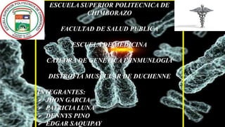 ESCUELA SUPERIOR POLITECNICA DE 
CHIMBORAZO 
FACULTAD DE SALUD PUBLICA 
ESCUELA DE MEDICINA 
CATEDRA DE GENETICA E INMUNLOGIA 
DISTROFIA MUSCULAR DE DUCHENNE 
INTEGRANTES: 
 JHON GARCIA 
 PATRICIA LUNA 
 DENNYS PINO 
 EDGAR SAQUIPAY 
 