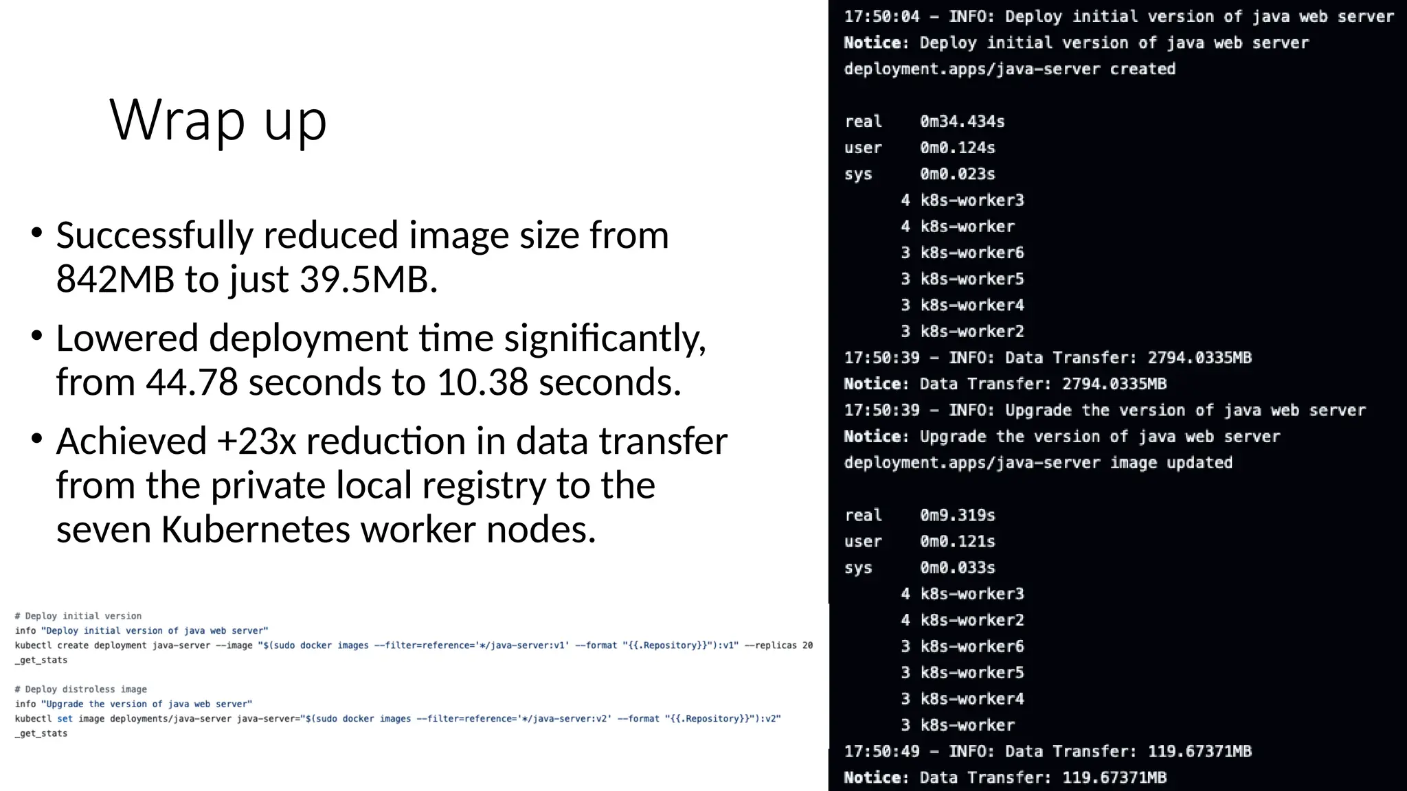 Wrap up
• Successfully reduced image size from
842MB to just 39.5MB.
• Lowered deployment time significantly,
from 44.78 seconds to 10.38 seconds.
• Achieved +23x reduction in data transfer
from the private local registry to the
seven Kubernetes worker nodes.
 