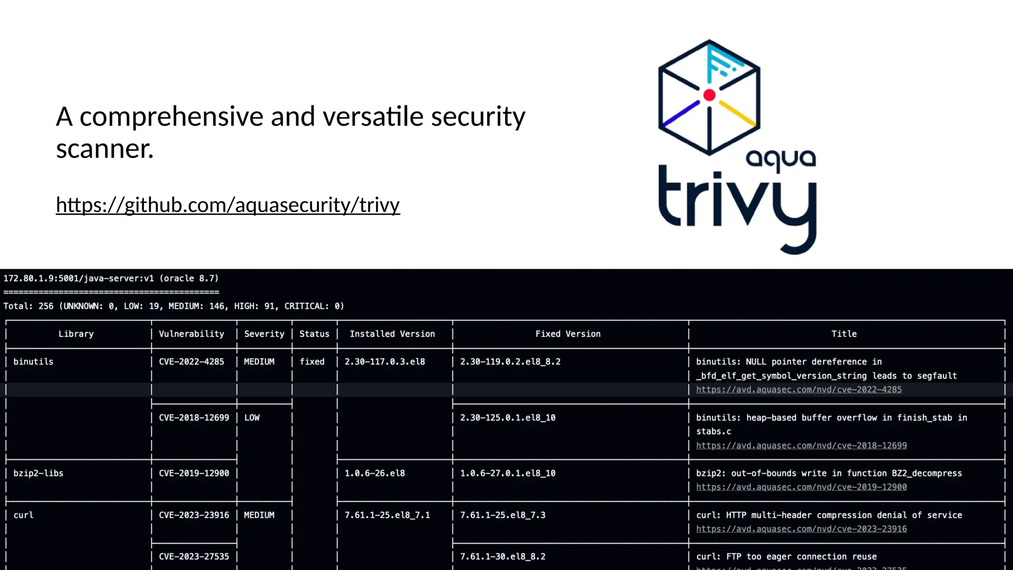 A comprehensive and versatile security
scanner.
https://github.com/aquasecurity/trivy
 