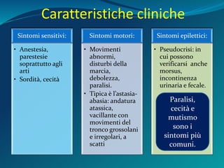 Caratteristiche cliniche
Sintomi sensitivi:
• Anestesia,
parestesie
soprattutto agli
arti
• Sordità, cecità
Sintomi motori:
• Movimenti
abnormi,
disturbi della
marcia,
debolezza,
paralisi.
• Tipica è l’astasia-
abasia: andatura
atassica,
vacillante con
movimenti del
tronco grossolani
e irregolari, a
scatti
Sintomi epilettici:
• Pseudocrisi: in
cui possono
verificarsi anche
morsus,
incontinenza
urinaria e fecale.
Paralisi,
cecità e
mutismo
sono i
sintomi più
comuni.
 