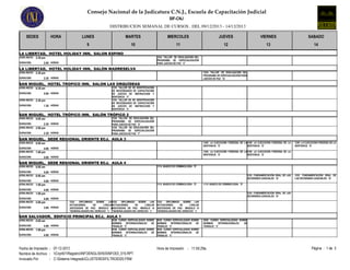 Consejo Nacional de la Judicatura C.N.J., Escuela de Capacitación Judicial
SIF-CNJ
DISTRIBUCION SEMANAL DE CURSOS , DEL 09/12/2013 - 14/12/2013
SEDES

HORA

LUNES

MARTES

MIERCOLES

JUEVES

VIERNES

SABADO

9

10

11

12

13

14

LA LIBERTAD, HOTEL HOLIDAY INN, SALON ESPINO
1234 TALLER DE DIVULGACIÓN DEL
PROGRAMA DE ESPECIALIZACIÓN
PARA JUECES DE PAZ 'C'

HORA INICIO: 2:30 pm
DURACION:

2.00 HORAS

LA LIBERTAD, HOTEL HOLIDAY INN, SALÓN MADRESELVA
1234 TALLER DE DIVULGACIÓN DEL
PROGRAMA DE ESPECIALIZACIÓN PARA
JUECES DE PAZ 'G'

HORA INICIO: 2:30 pm
DURACION:

2.30 HORAS

SAN MIGUEL, HOTEL TROPICO INN, SALON LAS ORQUÍDEAS
HORA INICIO: 8:30 am
DURACION:

4.00 HORAS

HORA INICIO: 2:30 pm
DURACION:

1.30 HORAS

1233 TALLER DE DE IDENTIFICACION
DE NECESIDADES DE CAPACITACIÓN
DE JUECES DE INSTRUCCION Y
SENTENCIA 'C'
1233 TALLER DE DE IDENTIFICACION
DE NECESIDADES DE CAPACITACIÓN
DE JUECES DE INSTRUCCION Y
SENTENCIA 'C'

SAN MIGUEL, HOTEL TRÓPICO INN, SALÓN TRÓPICO 2
HORA INICIO: 9:00 am
DURACION:
2.30 HORAS
HORA INICIO: 2:00 pm
DURACION:

2.30 HORAS

1234 TALLER DE DIVULGACIÓN DEL
PROGRAMA DE ESPECIALIZACIÓN
PARA JUECES DE PAZ 'E'
1234 TALLER DE DIVULGACIÓN DEL
PROGRAMA DE ESPECIALIZACIÓN
PARA JUECES DE PAZ 'F'

SAN MIGUEL, SEDE REGIONAL ORIENTE ECJ, AULA 3
1320 LA EJECUCIÓN FORZOSA DE LA1320 LA EJECUCIÓN FORZOSA DE LA
SENTENCIA 'D'
SENTENCIA 'D'

HORA INICIO: 8:00 am
DURACION:
4.00 HORAS
HORA INICIO: 1:00 pm
DURACION:

1320 LA EJECUCIÓN FORZOSA DE LA
SENTENCIA 'D'

1320 LA EJECUCIÓN FORZOSA DE LA1320 LA EJECUCIÓN FORZOSA DE LA
SENTENCIA 'D'
SENTENCIA 'D'

4.00 HORAS

SAN MIGUEL, SEDE REGIONAL ORIENTE ECJ, AULA 4
1115 BÁSICO DE CRIMINOLOGÍA 'D'

HORA INICIO: 8:00 am
DURACION:
4.00 HORAS
HORA INICIO: 8:00 am

1533 FUNDAMENTACIÓN ORAL DE LAS
DECISIONES JUDICIALES 'G'

DURACION:
4.00 HORAS
HORA INICIO: 1:00 pm

1115 BÁSICO DE CRIMINOLOGÍA 'D'

1115 BÁSICO DE CRIMINOLOGÍA 'D'

DURACION:
4.00 HORAS
HORA INICIO: 1:00 pm
DURACION:
4.00 HORAS
HORA INICIO: 5:00 pm
DURACION:

3.00 HORAS

1533 FUNDAMENTACIÓN ORAL DE
LAS DECISIONES JUDICIALES 'G'

1533 FUNDAMENTACIÓN ORAL DE LAS
DECISIONES JUDICIALES 'G'
1323
DIPLOMADO
SOBRE
LAS
1323
DIPLOMADO SOBRE LAS
ACTUACIONES
DE
LOS/LAS
ACTUACIONES
DE
LOS/LAS
JUECES/ZAS DE PAZ: MODULO VI
JUECES/ZAS DE PAZ: MODULO VI
"GENERALIDADES DEL DERECHO 'L' "GENERALIDADES DEL DERECHO 'L'

1323
DIPLOMADO SOBRE LAS
ACTUACIONES
DE
LOS/LAS
JUECES/ZAS DE PAZ: MODULO VI
"GENERALIDADES DEL DERECHO 'L'

SAN SALVADOR, EDIFICIO PRINCIPAL ECJ, AULA 1
HORA INICIO: 8:00 am
DURACION:
4.00 HORAS
HORA INICIO: 1:00 pm
DURACION:

4.00 HORAS

2038 CURSO ESPECIALIZADO SOBRE
NORMAS
INTERNACIONALES
DE
TRABAJO 'C'
2038 CURSO ESPECIALIZADO SOBRE
NORMAS
INTERNACIONALES
DE
TRABAJO 'C'

Fecha de Impresión : 07-12-2013
Nombre de Archivo : Cnjnt01RegistroINFOENGLISH03INFO03_015.RPT
Invocado Por
: C:Sistema IntegradoCLUSTER03FILTRO0320.FRM

2038 CURSO ESPECIALIZADO SOBRE
NORMAS
INTERNACIONALES
DE
TRABAJO 'C'
2038 CURSO ESPECIALIZADO SOBRE
NORMAS
INTERNACIONALES
DE
TRABAJO 'C'

2038 CURSO ESPECIALIZADO SOBRE
NORMAS
INTERNACIONALES
DE
TRABAJO 'C'

Hora de Impresión : 11:55:29a.m.

Página : 1 de 3

 