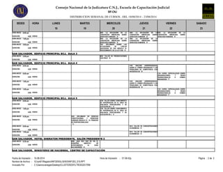 Consejo Nacional de la Judicatura C.N.J., Escuela de Capacitación Judicial
DISTRIBUCION SEMANAL DE CURSOS , DEL 18/08/2014 - 23/08/2014
SIF-CNJ
SEDES HORA LUNES MARTES MIERCOLES JUEVES VIERNES SABADO
18 19 20 21 22 23
3092 LA APLICACIÓN DE LA
CONVENCIÓN AMERICANA SOBRE
DERECHOS HUMANOS 'A'
8:00 am
4.00DURACION:
HORA INICIO:
HORAS
3092 LA APLICACIÓN DE LA
CONVENCIÓN AMERICANA SOBRE
DERECHOS HUMANOS 'A'
3092 LA APLICACIÓN DE LA
CONVENCIÓN AMERICANA SOBRE
DERECHOS HUMANOS 'A'
3092 LA APLICACIÓN DE LA
CONVENCIÓN AMERICANA SOBRE
DERECHOS HUMANOS 'A'
1:00 pm
4.00DURACION:
HORA INICIO:
HORAS
3092 LA APLICACIÓN DE LA
CONVENCIÓN AMERICANA SOBRE
DERECHOS HUMANOS 'A'
5:00 pm
2.00DURACION:
HORA INICIO:
HORAS
1567 DIPLOMADO SOBRE LAS
ACTUACIONES DE LOS/LAS
JUECES/ZAS DE PAZ MÓDULO IX:
PROCEDIMIENTO DE LA LEY CON 'H'
SAN SALVADOR, EDIFICIO PRINCIPAL ECJ, AULA 3
2:00 pm
2.00DURACION:
HORA INICIO:
HORAS
8005 TALLER DE PRESENTACIONES
CON PREZI. 'B'
SAN SALVADOR, EDIFICIO PRINCIPAL ECJ, AULA 4
4182 ANALISIS JURISPRUDENCIAL
SOBRE EL CRIMEN ORGANIZADO Y LOS
PROBLEMAS DE COMPETENCIA CON
INCIDENCIA EN 'B'
8:00 am
4.00DURACION:
HORA INICIO:
HORAS
8:00 am
4.00DURACION:
HORA INICIO:
HORAS
1136 CURSO ESPECIALIZADO SOBRE
ORGANIZACIONES Y REDES
TRASNACIONALES O CRIMEN
ORGANIZADO 'F'
4182 ANALISIS JURISPRUDENCIAL
SOBRE EL CRIMEN ORGANIZADO Y LOS
PROBLEMAS DE COMPETENCIA CON
INCIDENCIA EN 'B'
1:00 pm
4.00DURACION:
HORA INICIO:
HORAS
1:00 pm
4.00DURACION:
HORA INICIO:
HORAS
1136 CURSO ESPECIALIZADO SOBRE
ORGANIZACIONES Y REDES
TRASNACIONALES O CRIMEN
ORGANIZADO 'F'
SAN SALVADOR, EDIFICIO PRINCIPAL ECJ, AULA 5
8:00 am
4.00DURACION:
HORA INICIO:
HORAS
1236 TALLER SOBRE CONOCIMIENTO
DE EXPERIENCIAS EN EL AREA DE
VIGILANCIA PENITENCIARIA Y DE
EJECUCION DE L 'C'
1:00 pm
4.00DURACION:
HORA INICIO:
HORAS
1236 TALLER SOBRE CONOCIMIENTO
DE EXPERIENCIAS EN EL AREA DE
VIGILANCIA PENITENCIARIA Y DE
EJECUCION DE L 'C'
4:30 pm
4.00DURACION:
HORA INICIO:
HORAS
3022 DIPLOMADO EN DERECHO
CONSTITUCIONAL Y DERECHOS
HUMANOS MODULO IV : EL PRINCIPIO
DE PROPORCIONALIDAD
'C'
9015 TALLER DE CONCENTRACIONES
ECONÓMICAS 'A'
8:00 am
4.00DURACION:
HORA INICIO:
HORAS
9015 TALLER DE CONCENTRACIONES
ECONÓMICAS 'A'
1:00 pm
4.00DURACION:
HORA INICIO:
HORAS
SAN SALVADOR, HOTEL SHERATON PRESIDENTE, SALÓN PRESIDENTE 2
8:30 am
2.00DURACION:
HORA INICIO:
HORAS
9089 ¿QUE ES(Y QUE NO ES) EL
GOBIERNO ABIERTO?: UN
ACERCAMIENTO AL CASO
SALVADOREÑO 'A'
SAN SALVADOR, MINISTERIO DE HACIENDA, CENTRO DE CAPACITACIÓN
Fecha de Impresión Página : 2 de 301:58:42p.m.15-08-2014 Hora de Impresión: :
Nombre de Archivo Cnjnt01RegistroINFOENGLISH03INFO03_015.RPT
Invocado Por C:UsersxvanegasDesktopCLUSTER03FILTRO0320.FRM
:
:
 