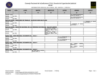 Consejo Nacional de la Judicatura C.N.J., Escuela de Capacitación Judicial
DISTRIBUCION SEMANAL DE CURSOS , DEL 18/08/2014 - 23/08/2014
SIF-CNJ
SEDES HORA LUNES MARTES MIERCOLES JUEVES VIERNES SABADO
18 19 20 21 22 23
8:00 am
4.00DURACION:
HORA INICIO:
HORAS
1304 LOS MEDIOS DE IMPUGNACIÓN EN
MATERIA CIVIL Y MERCANTIL 'C'
1:00 pm
4.00DURACION:
HORA INICIO:
HORAS
1304 LOS MEDIOS DE IMPUGNACIÓN EN
MATERIA CIVIL Y MERCANTIL 'C'
SAN SALVADOR, MINISTERIO DE TRABAJO, SALÓN DE USOS MULTILPES
4 FUNDAMENTOS DE DERECHO
CONSTITUCIONAL 'F'
8:00 am
4.00DURACION:
HORA INICIO:
HORAS
1:00 pm
4.00DURACION:
HORA INICIO:
HORAS
4 FUNDAMENTOS DE DERECHO
CONSTITUCIONAL 'F'
SAN SALVADOR, REGISTRO NACIONAL DE LAS PERSONAS NATURALES, SALA DE JUNTAS
8:00 am
4.00DURACION:
HORA INICIO:
HORAS
1730 DERECHOS, GARANTÍAS Y
DEBERES DE NIÑOS, NIÑAS Y
ADOLESCENTES I MÓDULO II - SERIE
LEPINA 'E'
1:00 pm
4.00DURACION:
HORA INICIO:
HORAS
1730 DERECHOS, GARANTÍAS Y
DEBERES DE NIÑOS, NIÑAS Y
ADOLESCENTES I MÓDULO II - SERIE
LEPINA 'E'
SANTA ANA, SEDE REGIONAL OCCIDENTE ECJ, AULA 1
1210 LAS INTERVENCIONES EN LAS
TELECOMUNICACIONES 'F'
8:00 am
4.00DURACION:
HORA INICIO:
HORAS
1210 LAS INTERVENCIONES EN LAS
TELECOMUNICACIONES 'F'
1:00 pm
4.00DURACION:
HORA INICIO:
HORAS
SANTA ANA, SEDE REGIONAL OCCIDENTE ECJ, AULA 4
8:00 am
4.00DURACION:
HORA INICIO:
HORAS
1321 DERECHO REGISTRAL
INMOBILIARIO 'D'
1:00 pm
4.00DURACION:
HORA INICIO:
HORAS
1321 DERECHO REGISTRAL
INMOBILIARIO 'D'
SANTA ANA, SEDE REGIONAL OCCIDENTE ECJ, AULA 5
8:00 am
4.00DURACION:
HORA INICIO:
HORAS
2043 CURSO BÁSICO DE DERECHO
PROCESAL LABORAL 'B'
Fecha de Impresión Página : 3 de 301:58:42p.m.15-08-2014 Hora de Impresión: :
Nombre de Archivo Cnjnt01RegistroINFOENGLISH03INFO03_015.RPT
Invocado Por C:UsersxvanegasDesktopCLUSTER03FILTRO0320.FRM
:
:
 