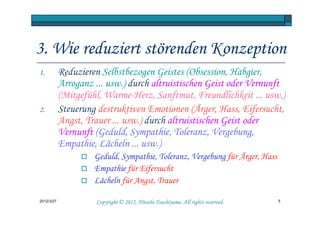 3. Wie reduziert störenden Konzeption
1.          Reduzieren Selbstbezogen Geistes (Obsession, Habgier,
            Arroganz ... usw.) durch altruistischen Geist oder Vernunft
            (Mitgefühl, Warme-Herz, Sanftmut, Freundlichkeit ... usw.)
2.          Steuerung destruktiven Emotionen (Ärger, Hass, Eifersucht,
            Angst, Trauer ... usw.) durch altruistischen Geist oder
            Vernunft (Geduld, Sympathie, Toleranz, Vergebung,
            Empathie, Lächeln ... usw.)
                     Geduld, Sympathie, Toleranz, Vergebung für Ärger, Hass
                     Empathie für Eifersucht
                     Lächeln für Angst, Trauer

2012/3/27                                       Tsuchiyama.
                      Copyright © 2012, Hitoshi Tsuchiyama. All rights reserved.   5
 