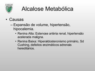 Alcalose Metabólica Causas Expansão de volume, hipertensão, hipocalemia. Renina Alta: Estenose artéria renal, hipertensão acelerada maligna. Renina Baixa: Hiperaldosteronismo primário, Sd Cushing, defeitos enzimáticos adrenais hereditários. 