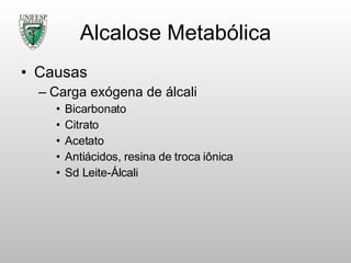 Alcalose Metabólica Causas Carga exógena de álcali Bicarbonato Citrato Acetato Antiácidos, resina de troca iônica Sd Leite-Álcali 