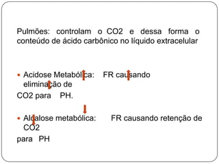 Pulmões: controlam o CO2 e dessa forma o
conteúdo de ácido carbônico no líquido extracelular



 Acidose Metabólica:    FR causando
 eliminação de
CO2 para PH.

 Alcalose metabólica:    FR causando retenção de
 CO2
para PH
 