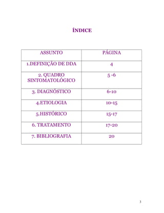 ÍNDICE
ASSUNTO PÁGINA
1.DEFINIÇÃO DE DDA 4
2. QUADRO
SINTOMATOLÓGICO
5 -6
3. DIAGNÓSTICO 6-10
4.ETIOLOGIA 10-15
5.HISTÓRICO 15-17
6. TRATAMENTO 17-20
7. BIBLIOGRAFIA 20
3
 