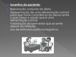    Incentivo do paciente:
    Elaboração conjunta da dieta
    Apresentação de uma alimentação normal
    para que tome consciência do desvio entre
    o que come e aquilo que é uma
    alimentação normal
    Valorização do bem-estar que se sente
    depois da refeição
    Uso de estímulos positivos/negativos
 