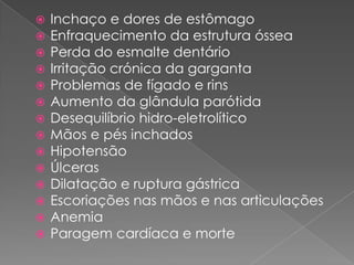    Inchaço e dores de estômago
   Enfraquecimento da estrutura óssea
   Perda do esmalte dentário
   Irritação crónica da garganta
   Problemas de fígado e rins
   Aumento da glândula parótida
   Desequilíbrio hidro-eletrolítico
   Mãos e pés inchados
   Hipotensão
   Úlceras
   Dilatação e ruptura gástrica
   Escoriações nas mãos e nas articulações
   Anemia
   Paragem cardíaca e morte
 