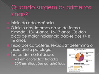  Inicio da adolescência
 O inicio dos sintomas dá-se de forma
  bimodal: 13-14 anos, 16-17 anos. Os dois
  picos de maior incidência dão-se aos 14 e
  16 anos.
 Inicio dos caracteres sexuais 2º determina o
  inicio desta patologia
 Índice de mortalidade:
    › 4% em anoréctico tratados
    › 30% em situações catastróficas
 