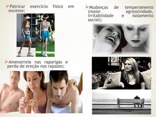 Patricar exercício físico em 
excesso; 
Mudanças de temperamento 
(maior agressividade, 
irritabilidade e isolamento 
social); 
Amenorreia nas raparigas e 
perda de ereção nos rapazes; 
 