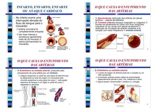 INFARTO, ENFARTO, ENFARTE                                            O QUE CAUSA O ENTUPIMENTO
           OU ATAQUE CARDÍACO                                                       DAS ARTÉRIAS
n   No infarto ocorre uma                                                n 1- Aterosclerose obstrução das artérias por placas
    interrupção abrupta do                                                 lipídicas – placas de ateroma.
                                                                         n 2- Trombos arteriais (sangue coagulado ou coágulos) Æ
    fluxo de sangue para o                                                 formam-se geralmente em sítios com fluxo sangüíneo
    miocárdio:                                                             turbulento ou em zonas com placas de ateroma Æ
        Ø artéria coronária foi                                            obstrução da circulação de artérias cerebrais e do
                                                                           coração com maior freqüência Æ embolia arterial.
          completamente entupida;
        Ø dor mais intensa e
          duradoura (geralmente
          mais de 20 minutos) Æ
          danos permanentes no
          miocárdio.

                                                                     5                                                                   6
                                www.bioloja.com                                                      www.bioloja.com




        O QUE CAUSA O ENTUPIMENTO                                            O QUE CAUSA O ENTUPIMENTO
               DAS ARTÉRIAS                                                         DAS ARTÉRIAS
    n   3- Embolismo ou embolia arterial: produzido pelo                 n   3- Embolismo ou embolia arterial:
        entupimento de uma artéria por um êmbolo:                            Ø o ponto de origem do êmbolo pode ser o coração ou um
         Ø coágulo sangüíneo ou parte de uma placa de ateroma que              vaso sangüíneo;
           se desprende do local de origem e é conduzido pela                Ø os êmbolos arteriais podem afetar as extremidades
           corrente sangüínea a outra parte do corpo ] interrupção             (especialmente pernas e pés), rins, intestinos e olhos;
           repentina de sangue a um órgão ou parte do corpo ]                Ø alguns podem comprometer o cérebro e o coração.
           isquemia ou necrose:




                                                                     7                                                                   8
                                www.bioloja.com                                                      www.bioloja.com
 