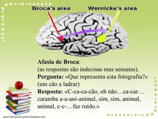 Afasia de Broca:
(as respostas são indecisas mas sensatas).
Pergunta: «Que representa esta fotografia?»
(um cão a ladrar)
Resposta: «C-ca-ca-cão, oh não…ca-car…
caramba a-a-ani-animal, sim, sim, animal,
animal, c-c-…faz ruído.»
 