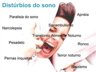 Distúrbios do sono
Apnéia
Narcolepsia
Insônia
Pernas inquietas
Sonambulismo
Terror noturno
Pesadelo
Bruxismo
Paralisia do sono
Ronco
Transtorno Alimentar Noturno
 