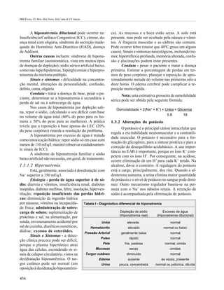 PRB Évora; CL Reis; MA Ferez; DA Conte & LV Garcia




       A hiponatremia dilucional pode ocorrer na:             ca). As mucosas e a boca estão secas. A sede está
Insuficiência Cardíaca Congestiva (ICC), cirrose, do-         presente, mas pode ser ocultada pela náusea e vômi-
ença renal com oligúria, síndrome de secreção inade-          tos. A fraqueza muscular e as cãibras são comuns.
quada do Hormônio Anti-Diurético (HAD), doença                Pode ocorrer febre (maior que 40ºC graus em alguns
de Addison.                                                   casos). Sinais e sintomas neurológicos, incluindo tre-
       Outras causas incluem: síndrome de hipona-             mor, hiperreflexia profunda, memória alterada, confu-
tremia familiar (assintomática, vista em muitos tipos         são e alucinações podem estar presentes.
de doenças de depleção); sódio sérico artificial baixo,             Conduta - pesar o paciente e tratar a doença
como nas hiperlipidemias, hiperglicemias e hiperpro-          primária. Estimar a porcentagem de perdas em ter-
teinemia do mieloma múltiplo.                                 mos de peso corpóreo, planejar a reposição de apro-
       Sinais e sintomas - dificuldade na concentra-          ximadamente metade do volume nas primeiras oito a
ção mental, alterações da personalidade, confusão,            doze horas. O edema cerebral pode complicar a re-
delírio, coma, oligúria.                                      posição muito rápida.
       Conduta - tratar a doença de base, pesar o pa-
                                                                     Nota: uma estimativa grosseira da osmolalidade
ciente, determinar se a hiponatremia é secundária à
                                                              sérica pode ser obtida pela seguinte fórmula:
perda de sal ou à sobrecarga de água.
       Nos casos de hiponatremia por depleção sali-
                                                                 Osmolalidade = 2(Na+ + K+) + Uréia + Glicemia
na, repor o sódio, calculando o seu déficit com base
                                                                                               5.6        18
no volume da água total (60% do peso para os ho-
mens e 50% do peso para as mulheres). A prática               1.3.2 Alterações do potássio
revela que a reposição à base apenas do LEC (20%
                                                                     O potássio é o principal cátion intracelular que
do peso corpóreo) retarda a resolução do problema.
                                                              regula a excitabilidade neuromuscular e a contratili-
       A hiponatremia por excesso de água é tratada
                                                              dade muscular. O potássio é necessário para a for-
como intoxicação hídrica: repor sódio só em caso com
                                                              mação do glicogênio, para a síntese protéica e para a
menos de 110 mEq/l, manitol (observar cuidadosamen-
                                                              correção do desequilíbrio acidobásico. A sua impor-
te sinais de ICC).
                                                              tância no EAB é importante, porque os íons K+ com-
       A síndrome de hiponatremia familiar e sódio
                                                              petem com os íons H+. Por conseguinte, na acidose,
baixo artificial não necessita, em geral, de tratamento.
                                                              ocorre eliminação de um H+ para cada K+ retido. Na
1.3.1.2 Hipernatremia                                         alcalose, dá-se o contrário. A regulagem do potássio
       Está, geralmente, associada à desidratação com         está a cargo, principalmente, dos rins. Quando a al-
Na+ superior a 150 mEq/l.                                     dosterona aumenta, a urina elimina maior quantidade
       Etiologia - perda de água superior à de só-            de potássio e o nível de potássio no sangue pode dimi-
dio: diarreia e vômitos, insuficiência renal, diabetes        nuir. Outro mecanismo regulador baseia-se na per-
insipidus, diabetes mellitus, febre, insolação, hiperven-     muta com o Na+ nos túbulos renais. A retenção de
tilação; reposição insuficiente das perdas hídri-             sódio é acompanhada pela eliminação de potássio.
cas: diminuição da ingestão hídrica
por náuseas, vômitos ou incapacida-         Tabela I - Diagnóstico diferencial de hiponatremia
de física; administração de sobre-
carga de soluto: suplementação de                                   Depleção de sódio           Excesso de água
                                                                   (Hiponatremia real)      (Hiponatremia dilucional)
proteínas e sal, na alimentação, por
sonda, envenenamento acidental por                      Uréia             elevada                    normal
sal de cozinha, diuréticos osmóticos,           Hematócrito               elevado               normal ou baixo
diálise; excesso de esteróides.             Pressão Arterial        geralmente baixa                 normal
       Sinais e Sintomas - a detec-
                                                        Pulso              rápido                    normal
ção clínica precoce pode ser difícil,
porque o plasma hipertônico atrai                        Pele          fria, pastosa             normal, úmida
água das células, escondendo os si-                Mucosas                 secas                    úmidas
nais de colapso circulatório, vistos na      Turgor cutâneo              diminuído                   normal
desidratação hiponatrêmica. O tur-                     Edema              ausente              às vezes, presente
gor cutâneo pode ser normal (em                         Urina      pouca, concentrada      normal ou poliúrica, diluída
oposição à desidratação hiponatrêmi-

456
 