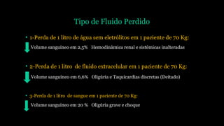 Tipo de Fluido Perdido
• 1-Perda de 1 litro de água sem eletrólitos em 1 paciente de 70 Kg:
• Volume sanguíneo em 2,5% Hemodinâmica renal e sistêmicas inalteradas
• 2-Perda de 1 litro de fluido extracelular em 1 paciente de 70 Kg:
• Volume sanguíneo em 6,6% Oligúria e Taquicardias discretas (Deitado)
• 3-Perda de 1 litro de sangue em 1 paciente de 70 Kg:
• Volume sanguíneo em 20 % Oligúria grave e choque
 