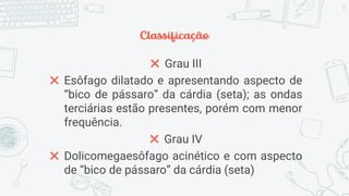 Classificação
✖ Grau III
✖ Esôfago dilatado e apresentando aspecto de
“bico de pássaro” da cárdia (seta); as ondas
terciárias estão presentes, porém com menor
frequência.
✖ Grau IV
✖ Dolicomegaesôfago acinético e com aspecto
de “bico de pássaro” da cárdia (seta)
31
 
