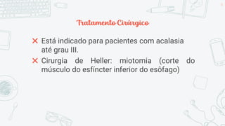 Tratamento Cirúrgico
✖ Está indicado para pacientes com acalasia
até grau III.
✖ Cirurgia de Heller: miotomia (corte do
músculo do esfíncter inferior do esôfago)
36
 