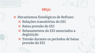 DRGE:
✖ Mecanismos fisiológicos de Refluxo:
✖ Relações transitórias do EEI
✖ Baixa pressão do EEI
✖ Relaxamentos do EEI associados a
deglutição
✖ Tensão durante os períodos de baixa
pressão do EEI
45
 