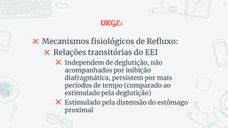 DRGE:
✖ Mecanismos fisiológicos de Refluxo:
✖ Relações transitórias do EEI
✖ Independem de deglutição, não
acompanhados por inibição
diafragmática, persistem por mais
períodos de tempo (comparado ao
estimulado pela deglutição)
✖ Estimulado pela distensão do estômago
proximal
46
 